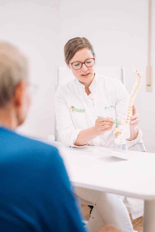 Dr. med. Claudia Stock erläutert die Periradikuläre Therapie an einem Wirbelsäulenmodell